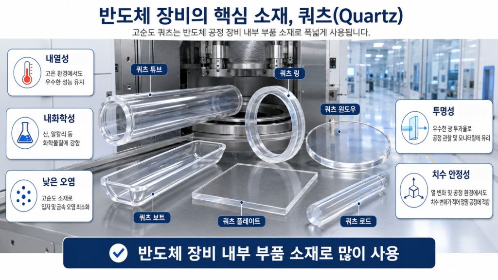 쿼츠소재는 단순한 유리 소재가 아니라, 반도체 수율과 장비 안정성을 지키는 핵심 부품 소재
