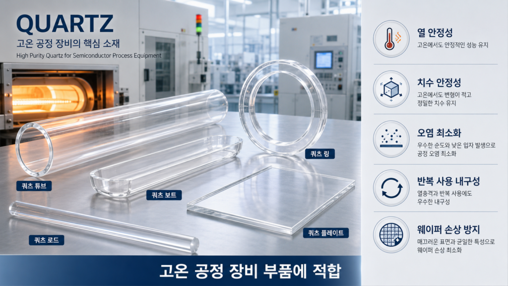 쿼츠 튜브나 쿼츠 보트 같은 부품은 고온 공정 장비에서 웨이퍼를 안정적으로 지지하는 데 사용
