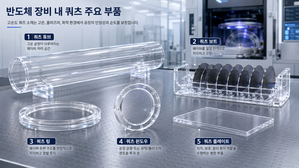 쿼츠소재는 반도체 장비 내부에서 다양한 부품으로 가공
