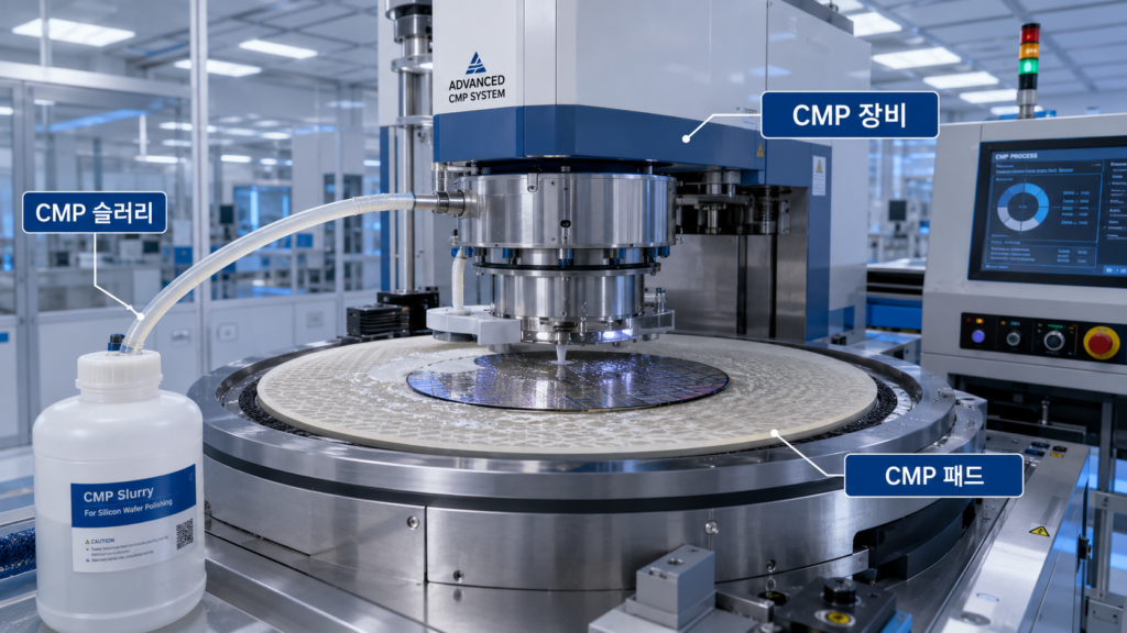 CMP 공정에는 슬러리뿐 아니라 CMP 장비와 CMP 패드도 함께 필요
