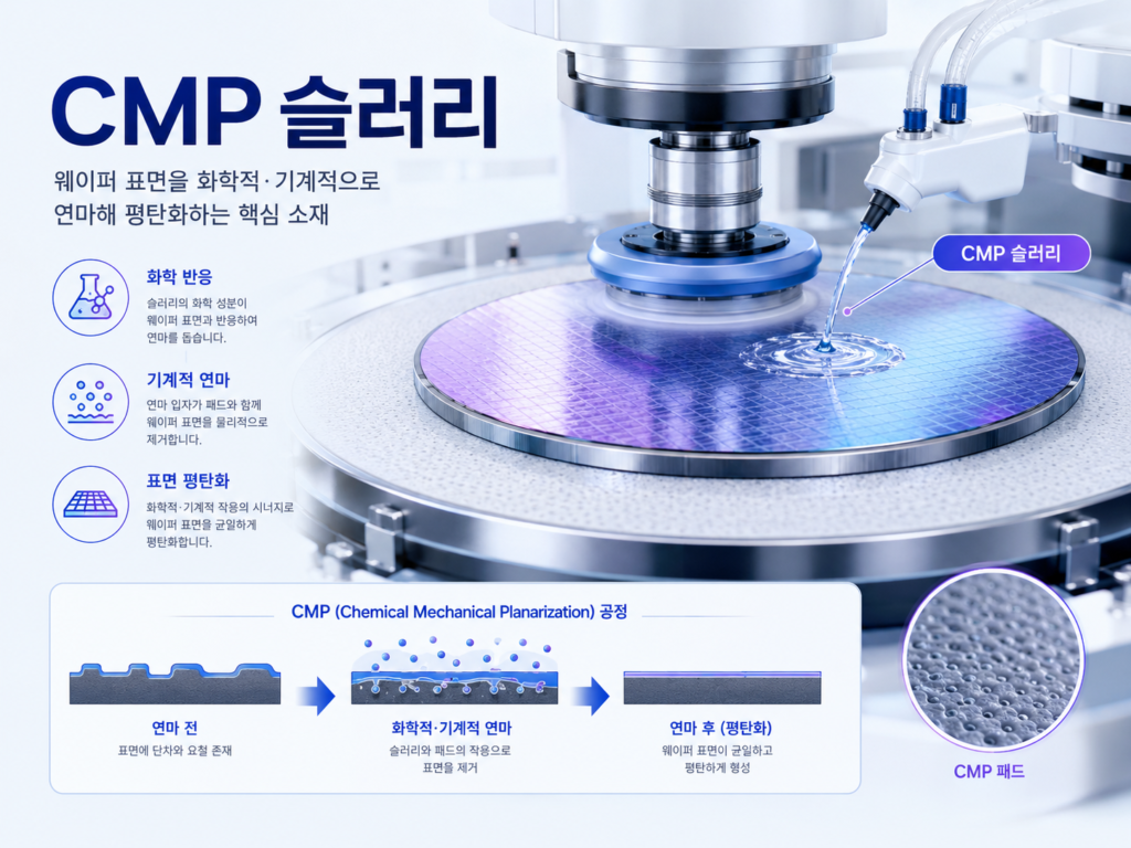 CMP슬러리란 웨이퍼를 평탄하게 만드는 소재
