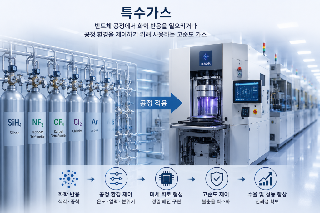 반도체공정에서 화학반응을 일으키거나 공정 환경을 제어하기 위해 사용하는 특수가스
