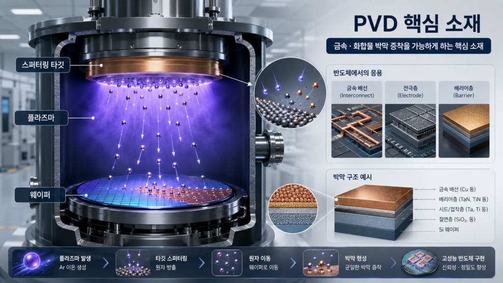 스퍼터링 타깃이란 반도체 PVD 공정에서 웨이퍼 위에 금속이나 화합물 박막을 형성하기 위해 사용하는 핵심 소재
