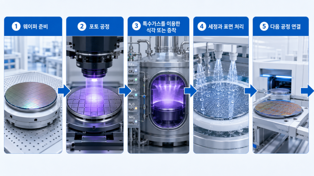 특수가스는 여러 제조 단계에서 사용된다.
