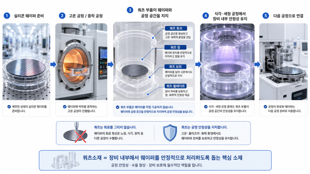 쿼츠소재는 반도체 8대 공정 중 여러 공정 장비와 연결
