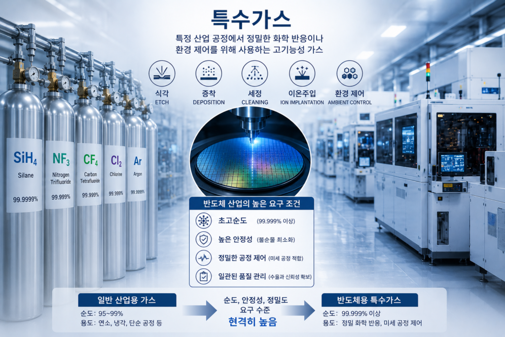 특수가스란 특정 산업 공정에서 정밀한 화학 반응이나 환경 제어를 위해 사용하는 고기능성 가스
