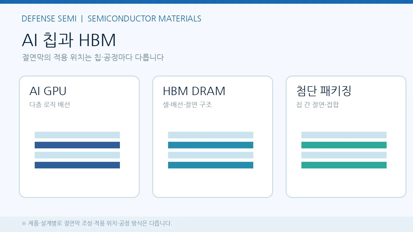 AI GPU HBM 첨단 패키징에서 서로 다른 절연막 위치를 나타낸 도식