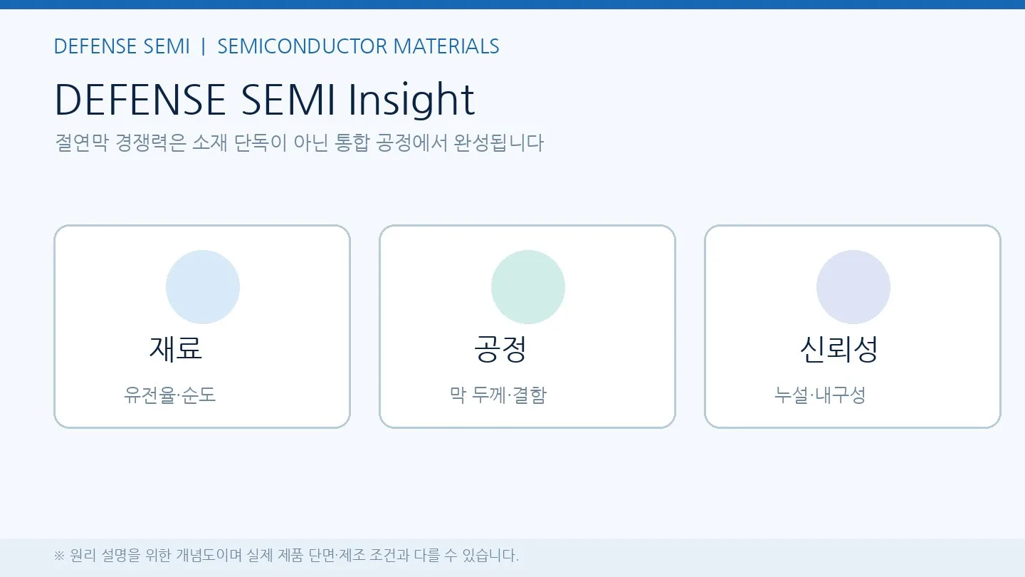 절연막의 재료 공정 신뢰성 세 요소를 보여주는 DEFENSE SEMI 분석 도식